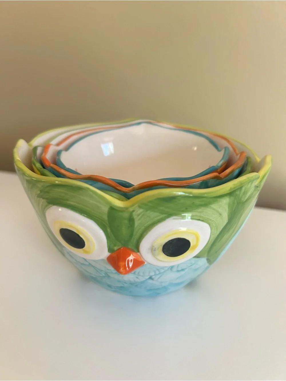 Pier 1 Owl Nesting Ceramic Measuring Cups Set of 4 Multicolor Bowls
